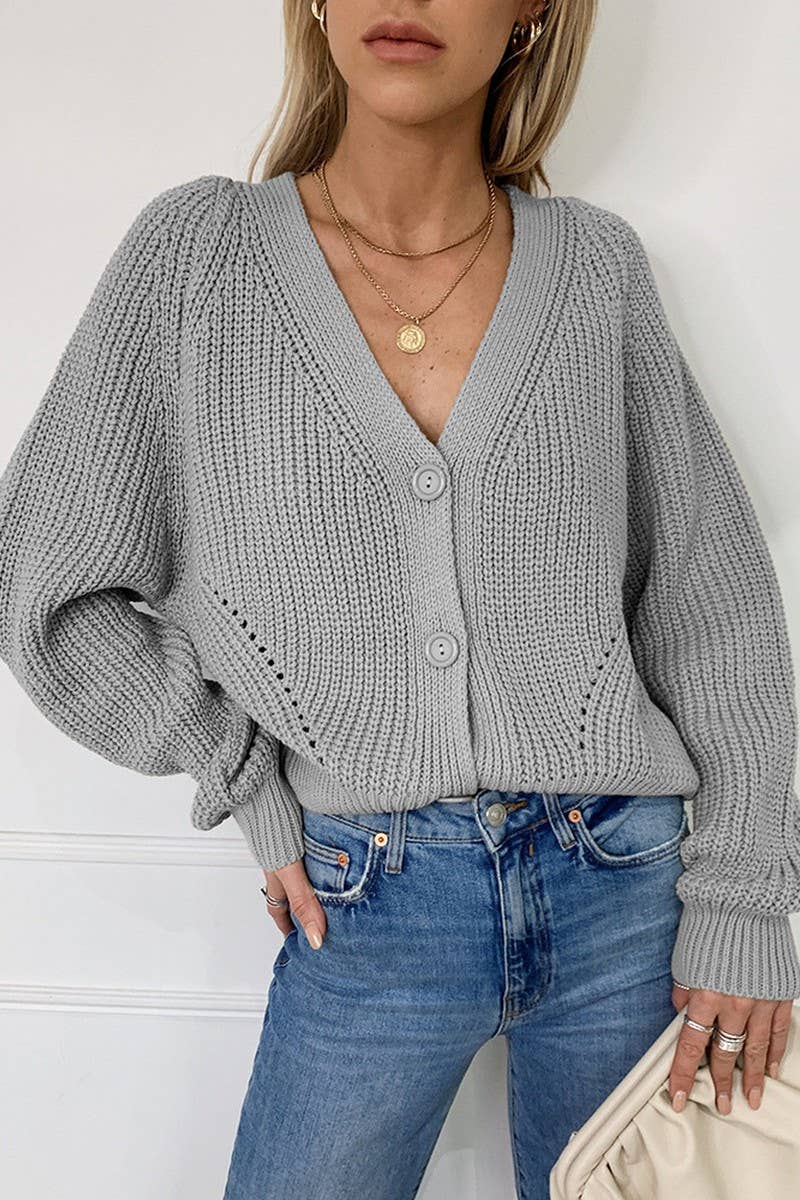 Solid color V-neck lantern sleeve button knit cardigan