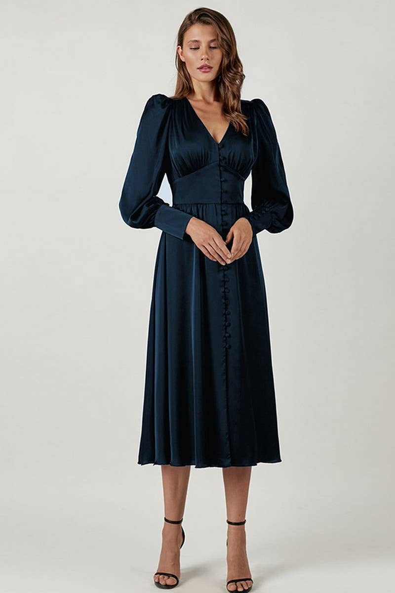 CWDMD4255_V-NECK SATIN PALACE RETRO LONG SLEEVE DRESS