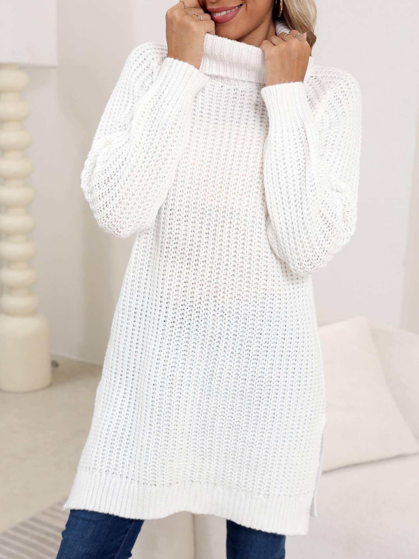THICK SWEATER TURTLENECK SIMPLE SLIT DRESS