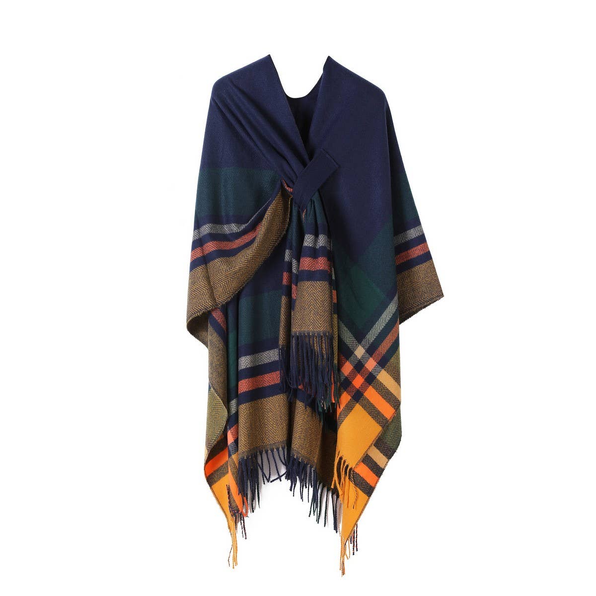 KNITTED FRINGED SHAWL DOUBLE-SIDED PLAID SCARF