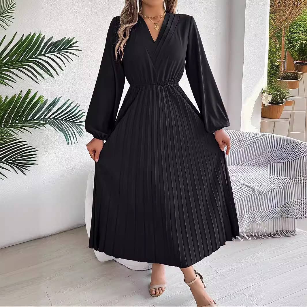 TRIPLE V-NECK LONG-SLEEVED WAIST PLEATED DRESS