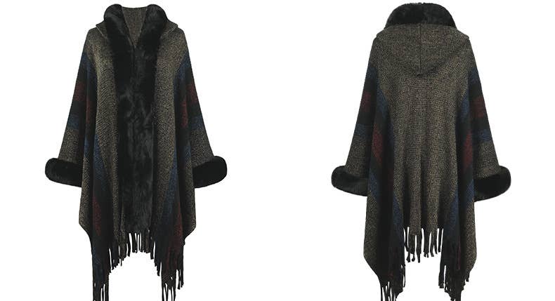 WOMEN'S HOODED CAPE STRIPED KNITTED FRINGE SHAWL