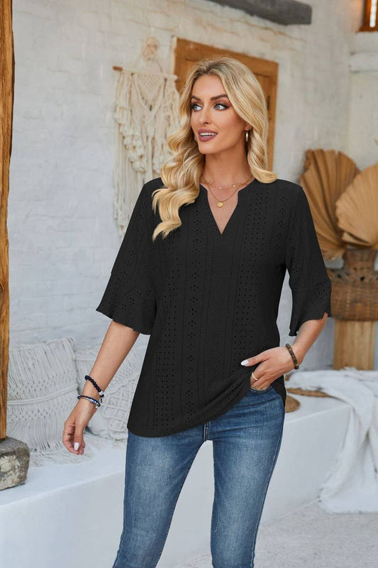 Cwtts00711_Loose V-Neck Three-Quarter Sleeve Top