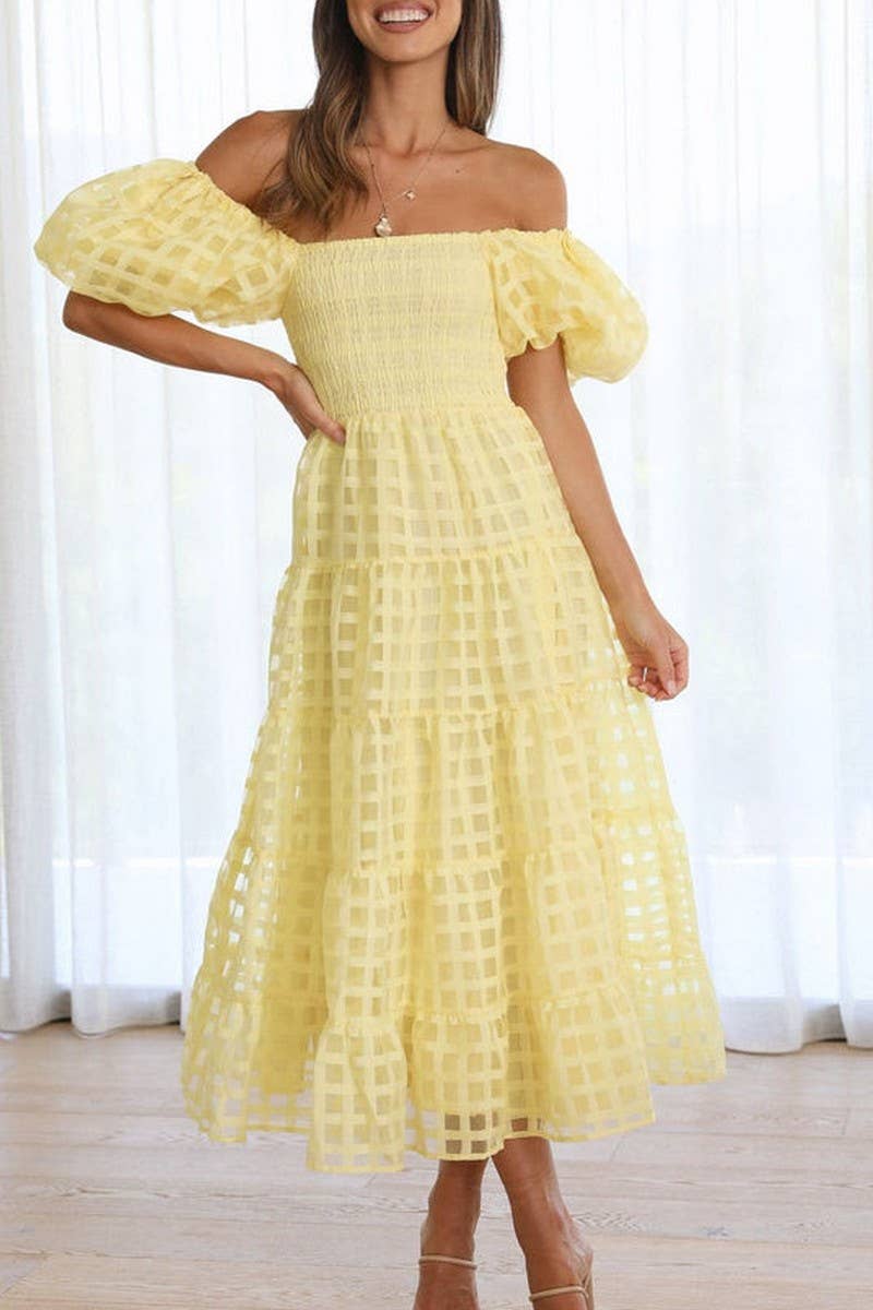 CWDMD5648_OFF SHOULDER LANTERN SLEEVE TIERED RUFFLE DRESS