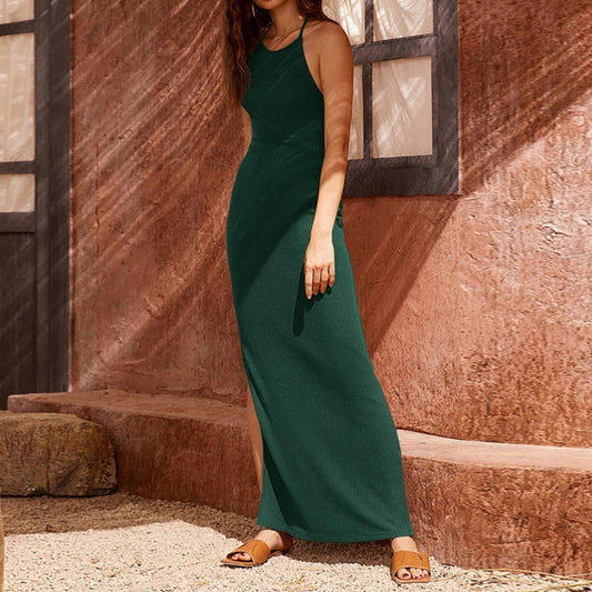 Sexy backless slit hip-hugging halter dress