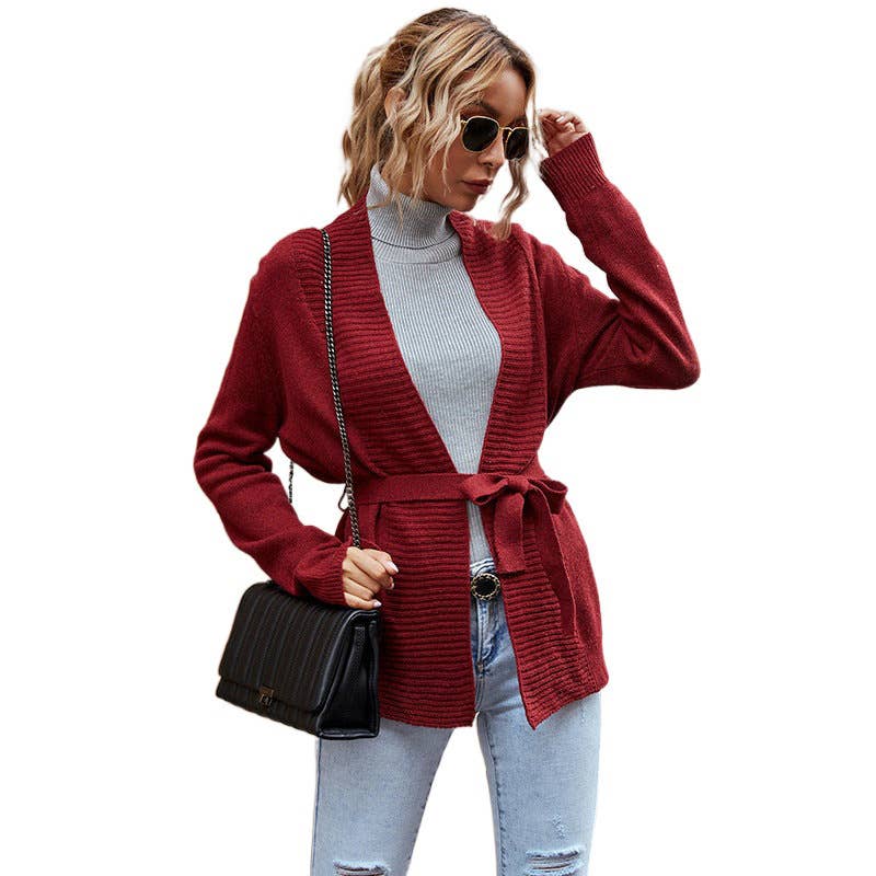 V-NECK LACE-UP WAIST NO BUTTON UP CARDIGAN