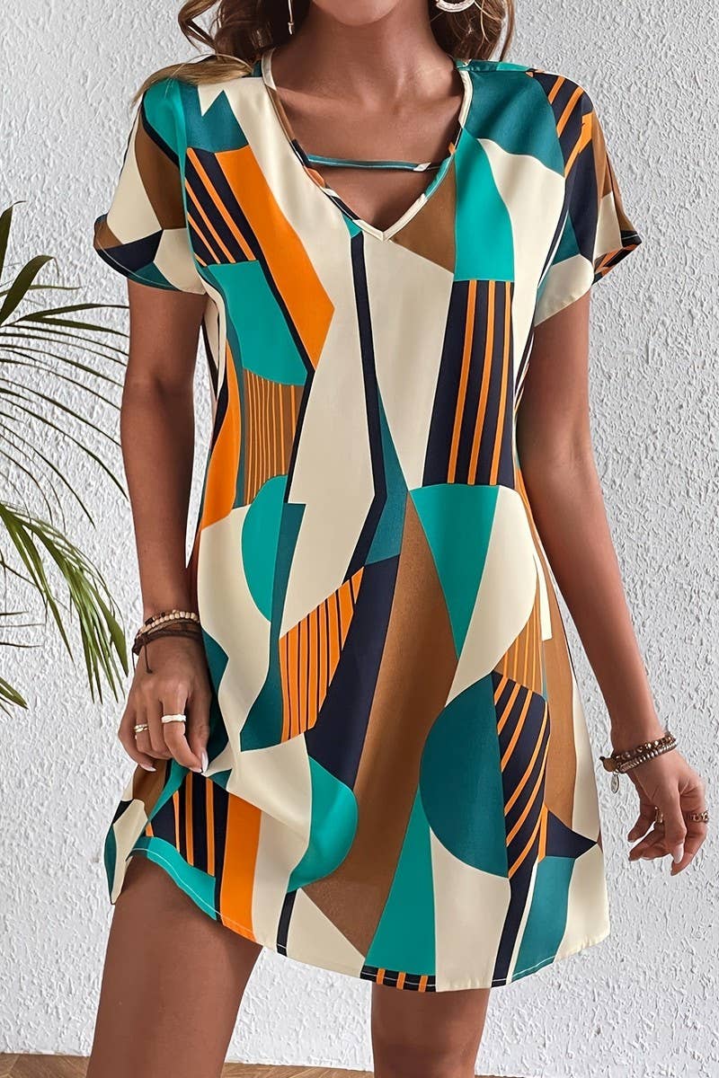 CWDSD7859_COLORBLOCK V-NECK LOOSE A-LINE VACATION DRESS