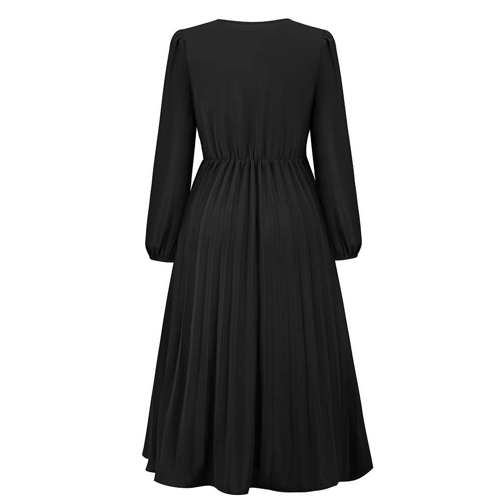 LONG SLEEVE PLEATED BELT SOLID COLOR V-NECK DRESS