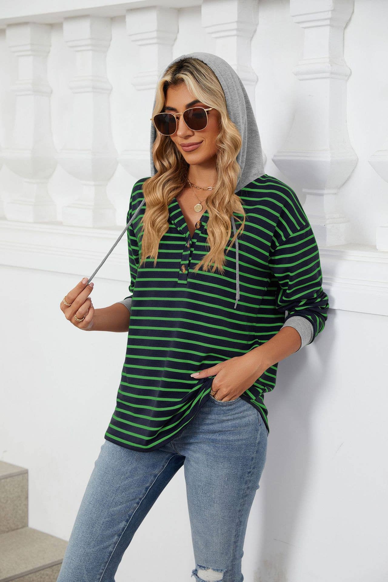 Striped hooded long-sleeved loose sweatshirt