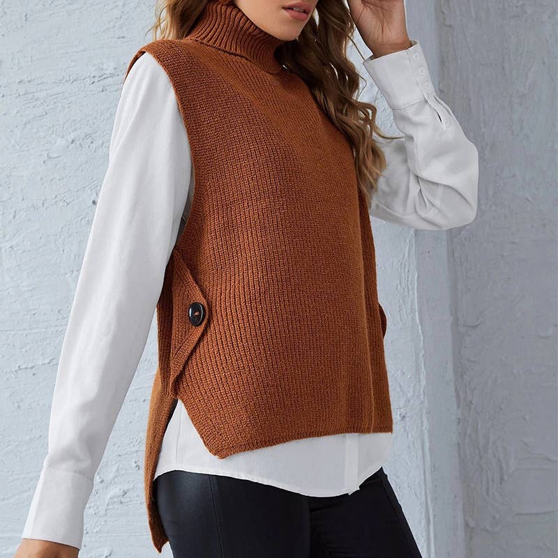SOLID COLOR TURTLENECK SLEEVELESS WAISTCOAT