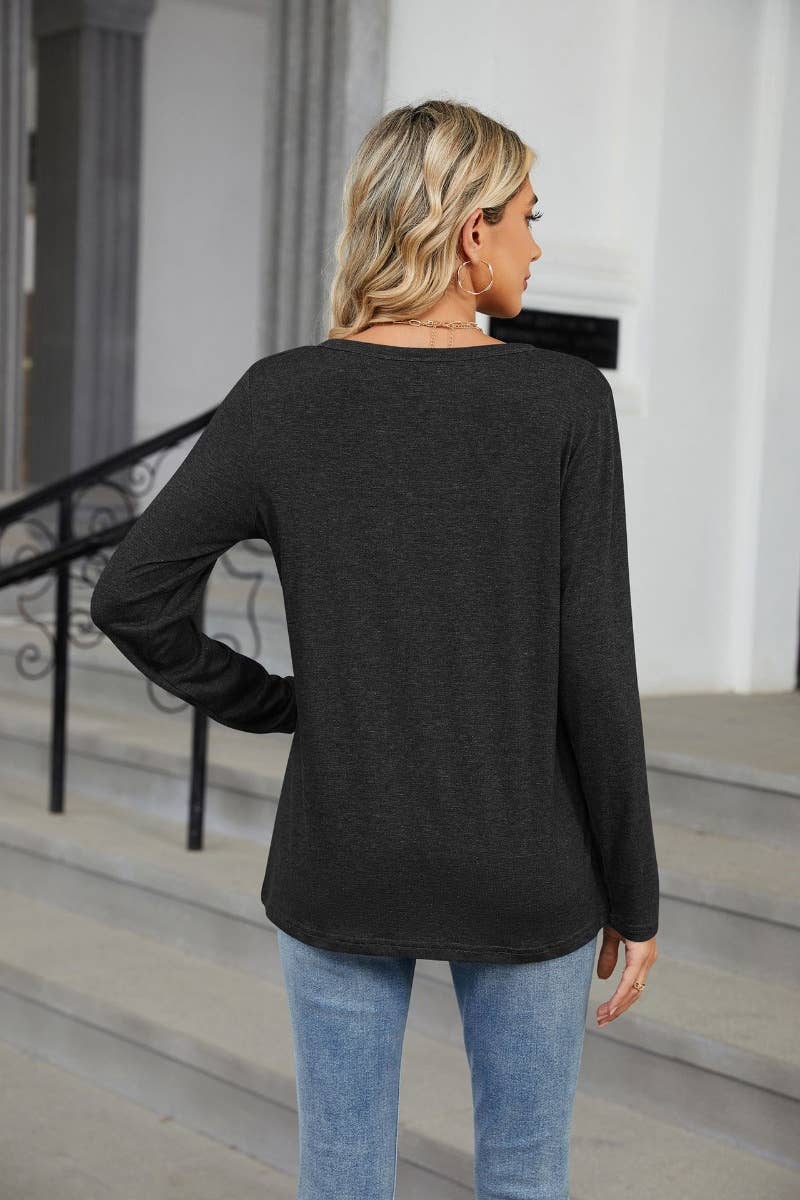 Cwtbll2861_Fall Solid Color V-Neck Long Sleeve Loose Top