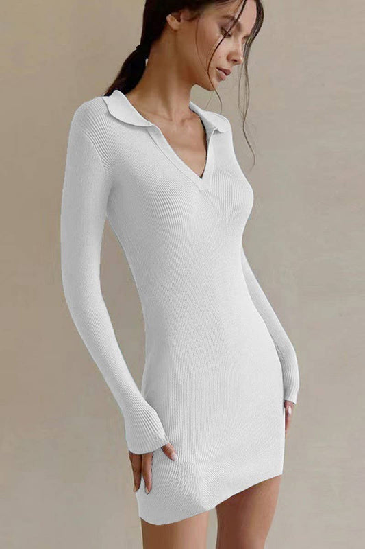 CWDSD7461_LAPEL RIBBED KNIT LONG SLEEVE BOTTOMING DRESS