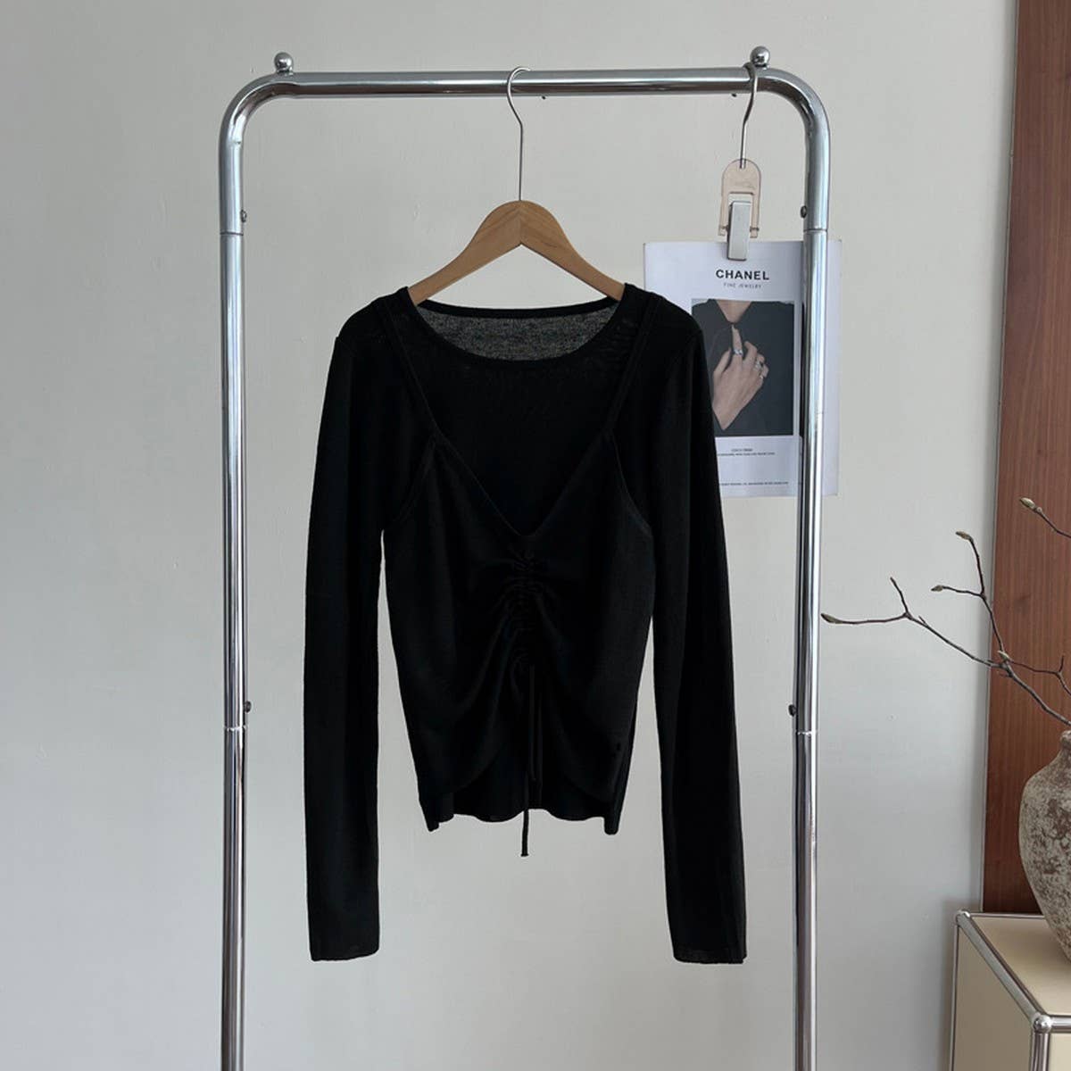 Fake two drawstring slimming knit long-sleeved tops