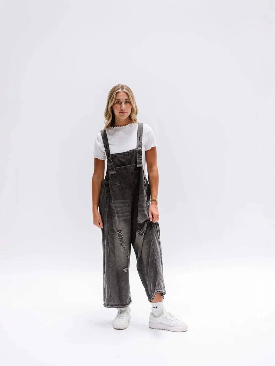 Retro distressed,ripped loose wide-leg overalls