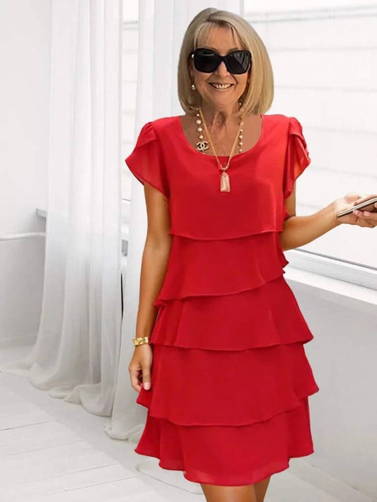 Short-sleeved dress,solid color round-neck dress