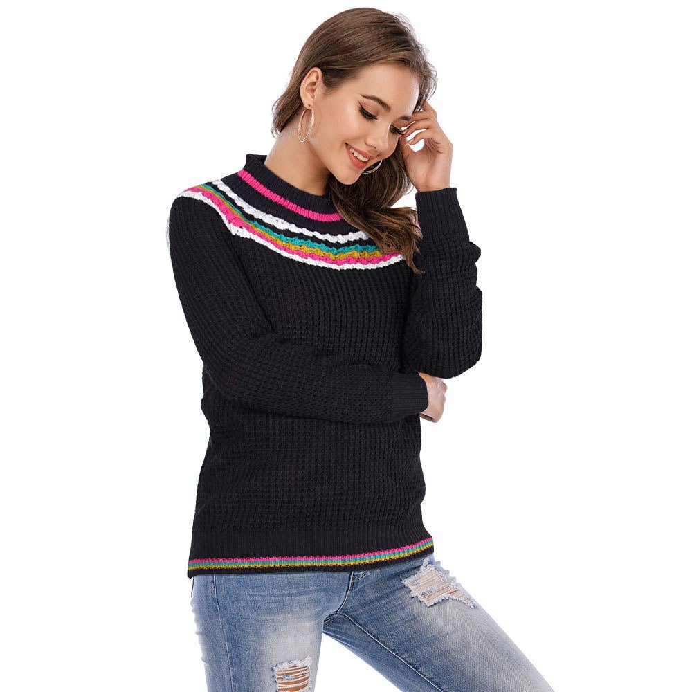 STRIPED CONTRAST COLOR CREW NECK PULLOVER SWEATER