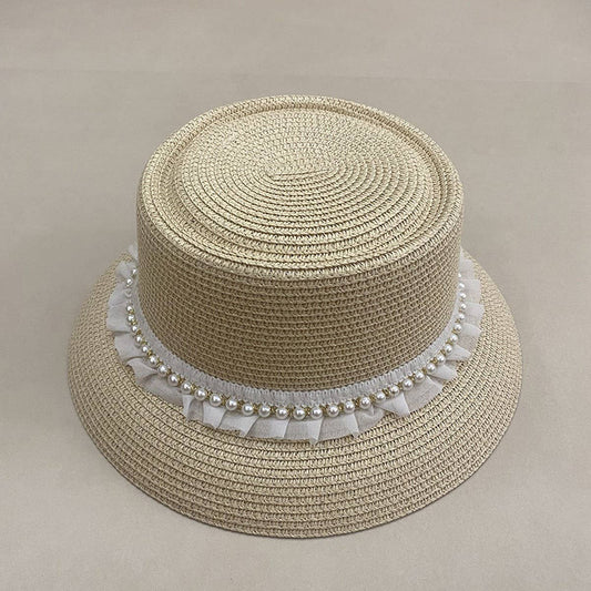 Summer Fashion Lace Pearl Braided Straw Hat_CWAH3564