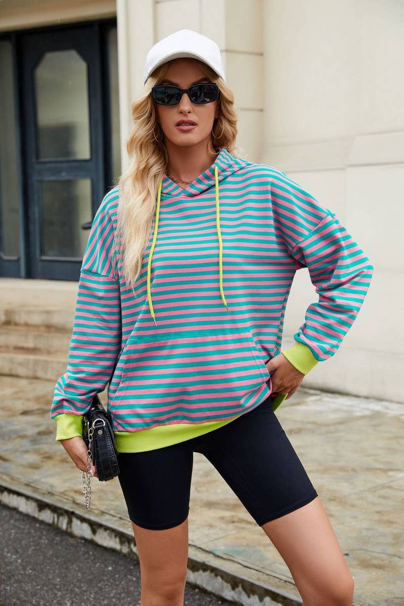CWOHOL1112_STRIPED LOOSE HOODED CONTRAST COLOR SWEATSHIRT