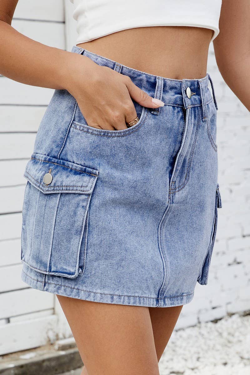 CWJSK00229_WASHED VINTAGE DENIM WORK POCKET SKIRT