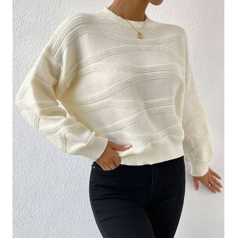 SOLID COLOR CORRUGATED CREW NECK PULLOVER SWEATER