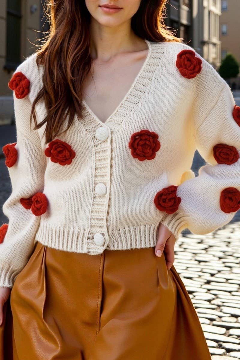 CWOCAL2357_3D FLORAL KNIT V-NECK BUTTON CARDIGAN