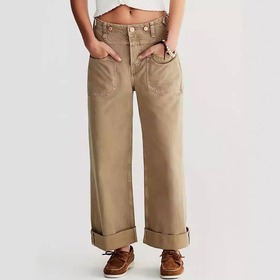 Non-elastic washed straight-leg workwear jeans