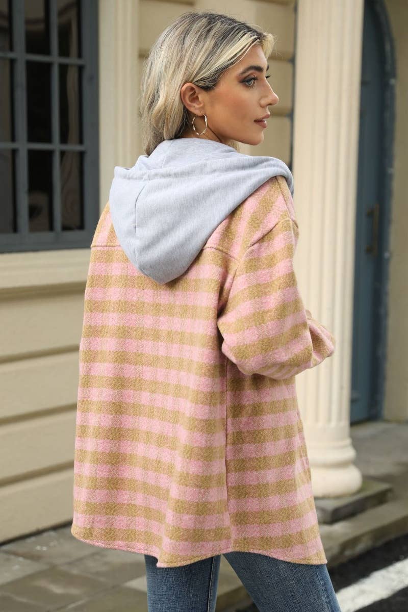 CWOCO0568_FALL PLAID HOODED PATCHWORK WOOLEN COAT