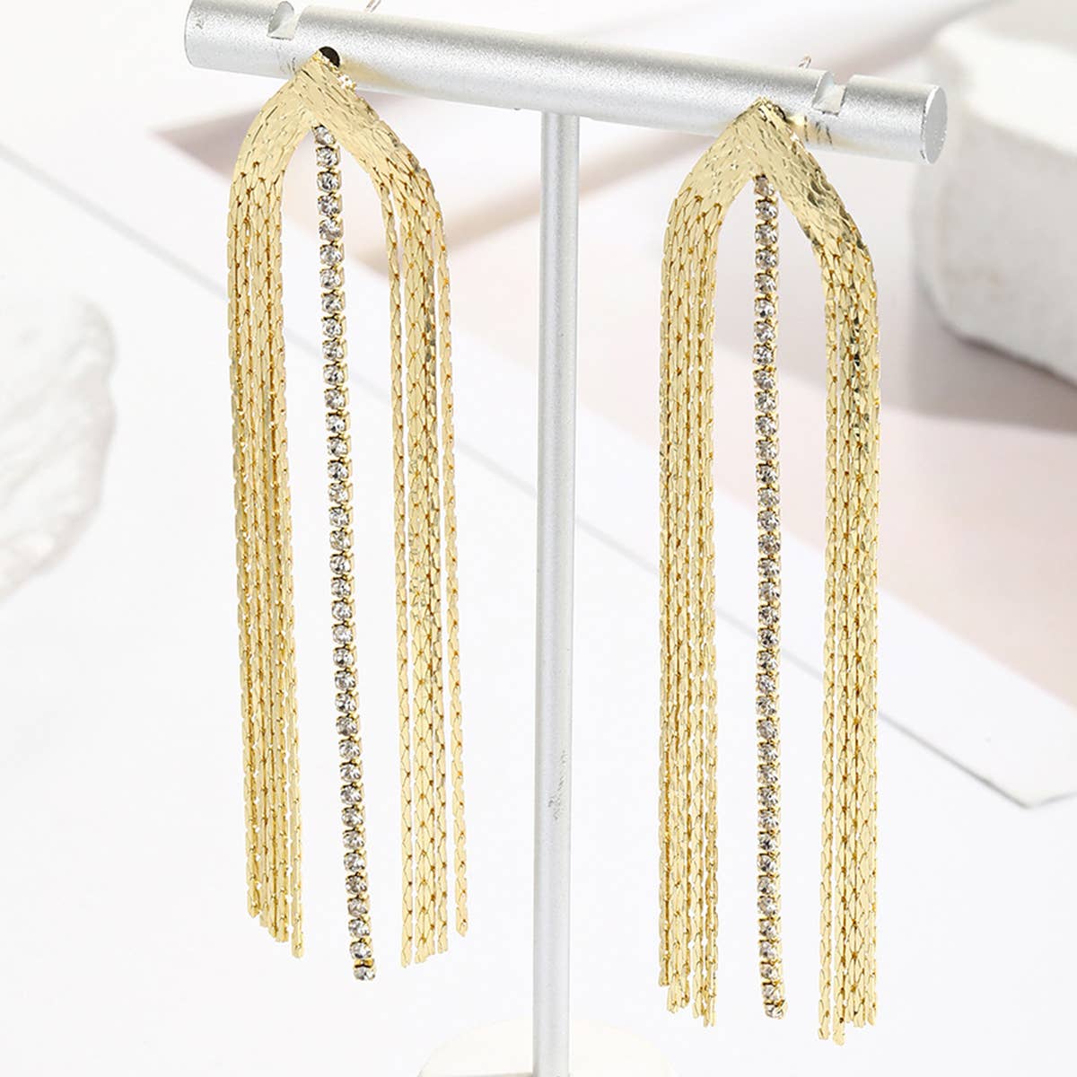 RHINESTONE DECOR METAL TASSEL DROP EARRINGS