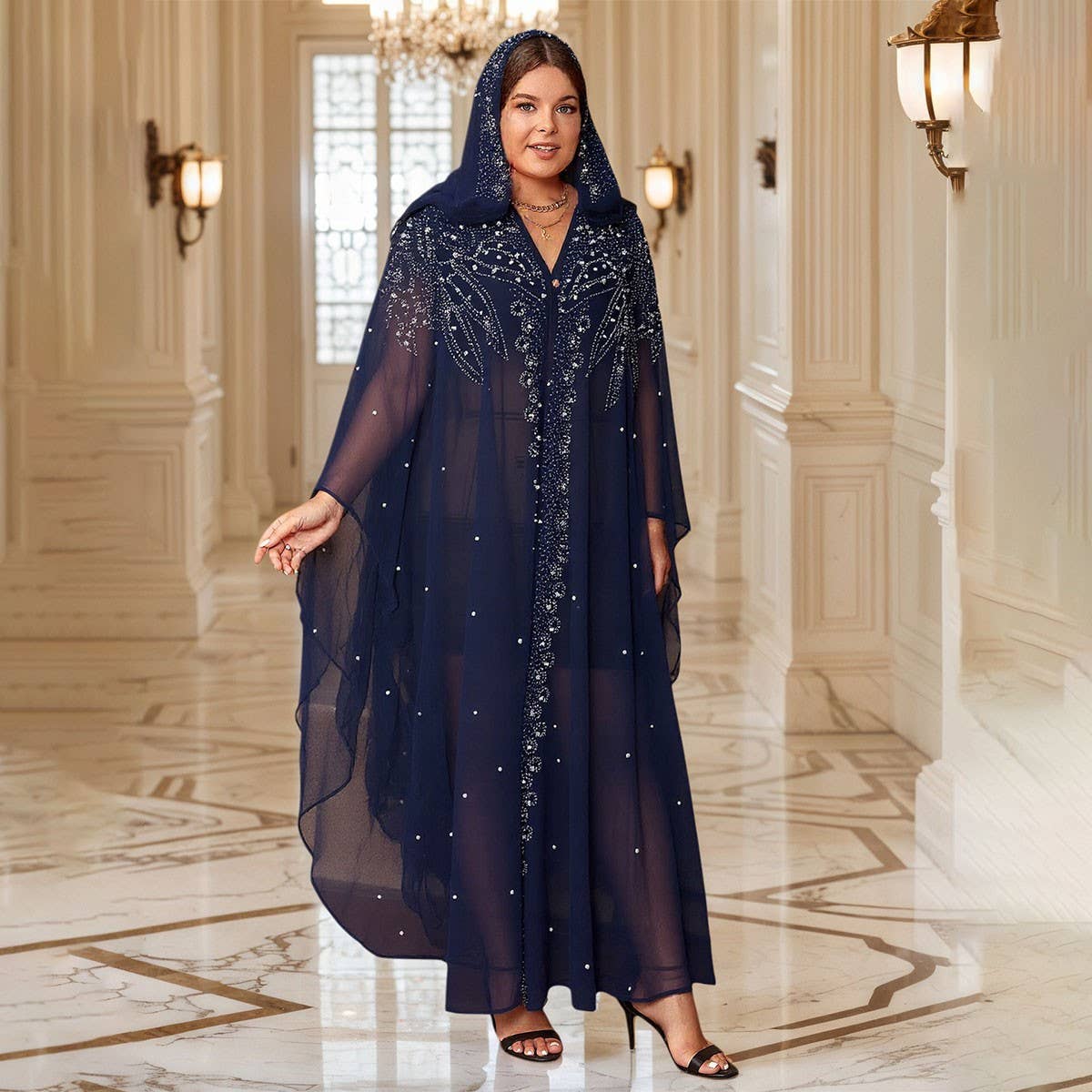 African Beaded Long Robe Muslim Cape Hooded Dress_CWMM6138