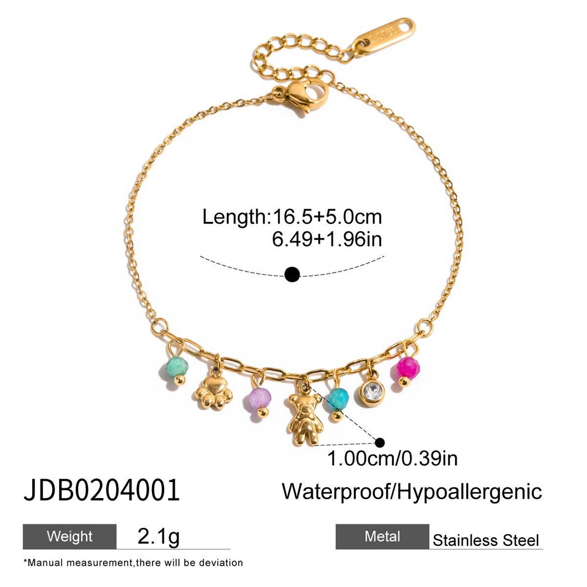 Sweet 18K Gold Puppy Paw & Bear Charm Bracelet