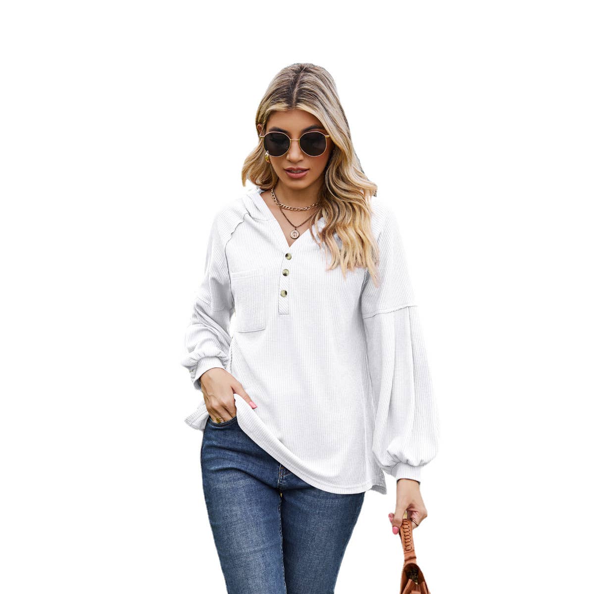 WAFFLE HOODIE WITH HOODED BUTTONS AND LONG SLEEVE