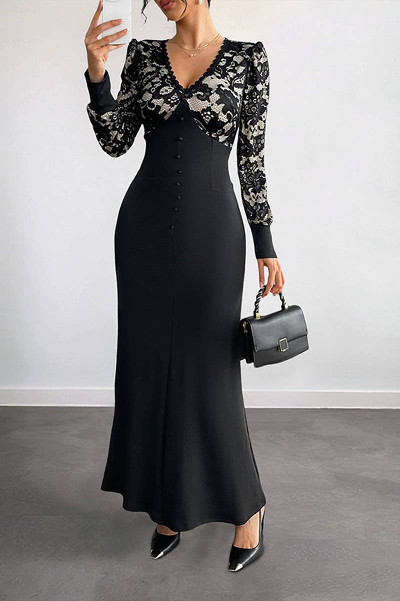 CWDMD6286_SEXY VINTAGE V-NECK LACE TRIM LONG SLEEVE DRESS