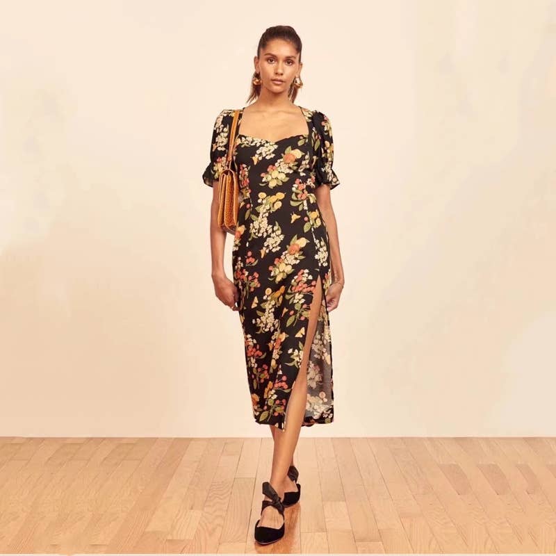 PUFFED SLEEVE V-NECK SQUARE COLLAR SLIT DRESS