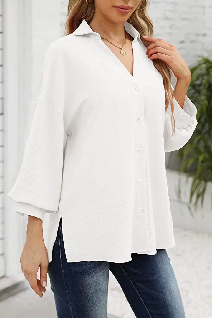LANTERN SLEEVE BUTTON V-NECK CHIFFON CASUAL SHIRT