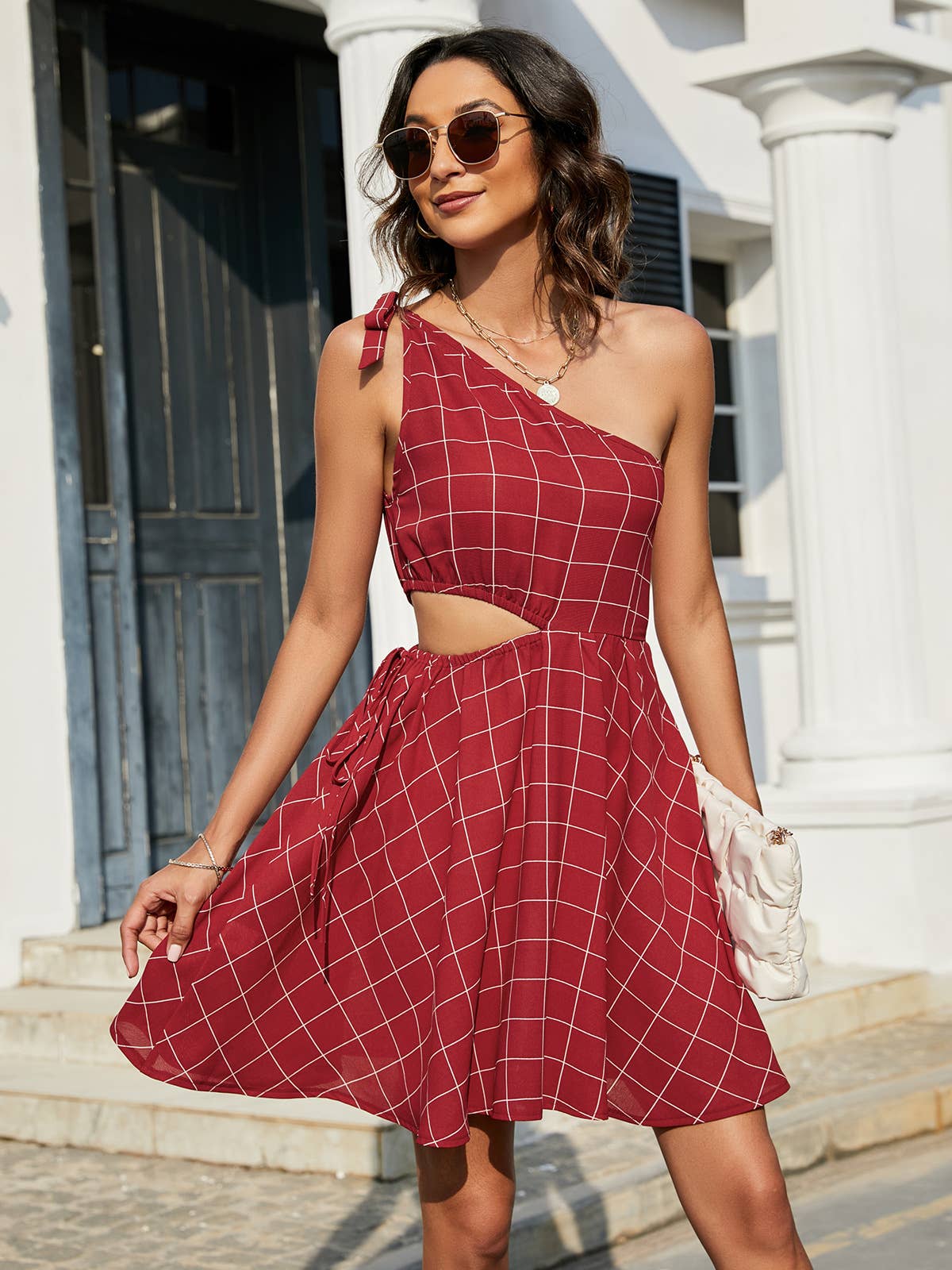 PLAID HOLLOWED-OUT DRESS WITH SLOPING SHOULDERS