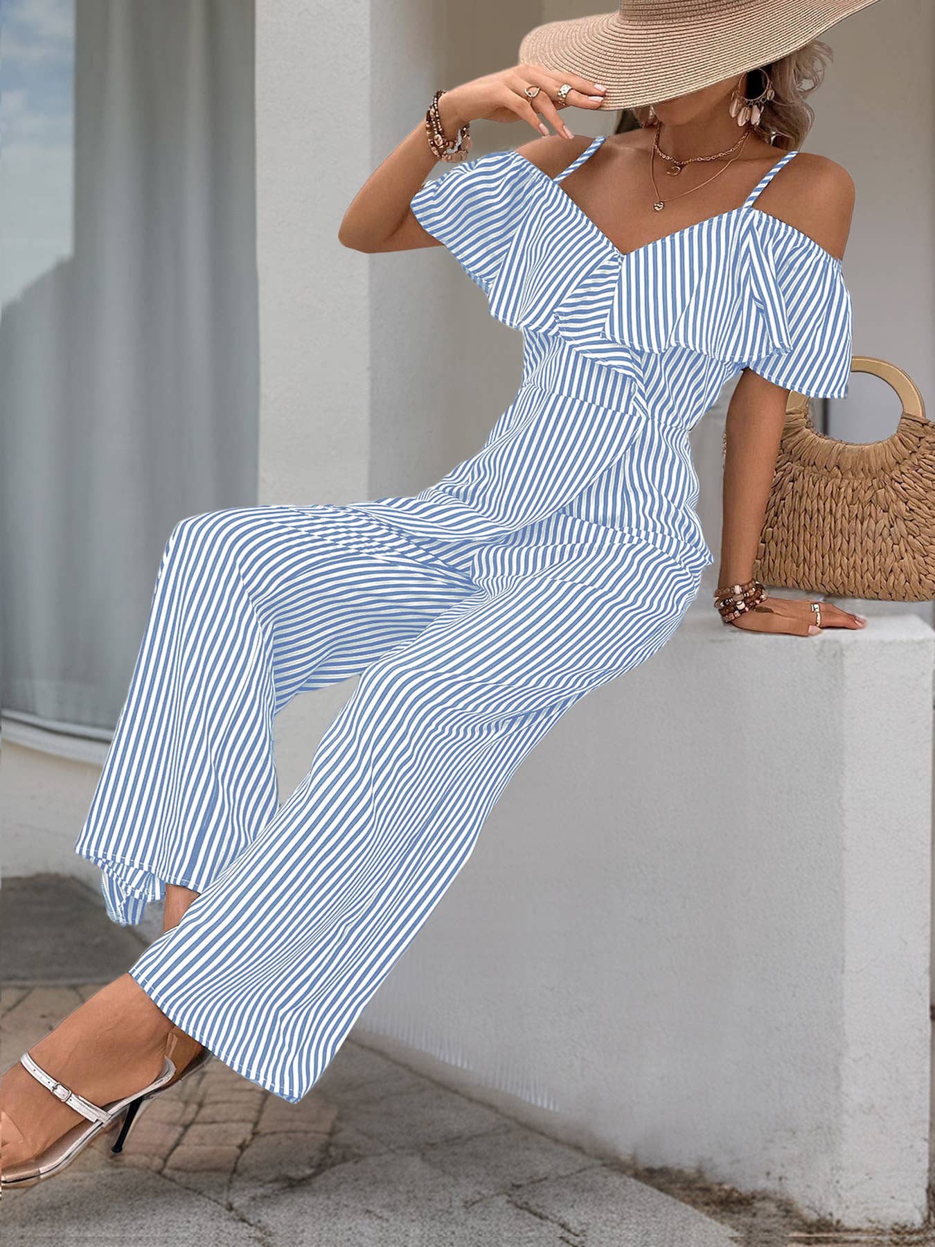 Long, wide-leg rompers with striped straps