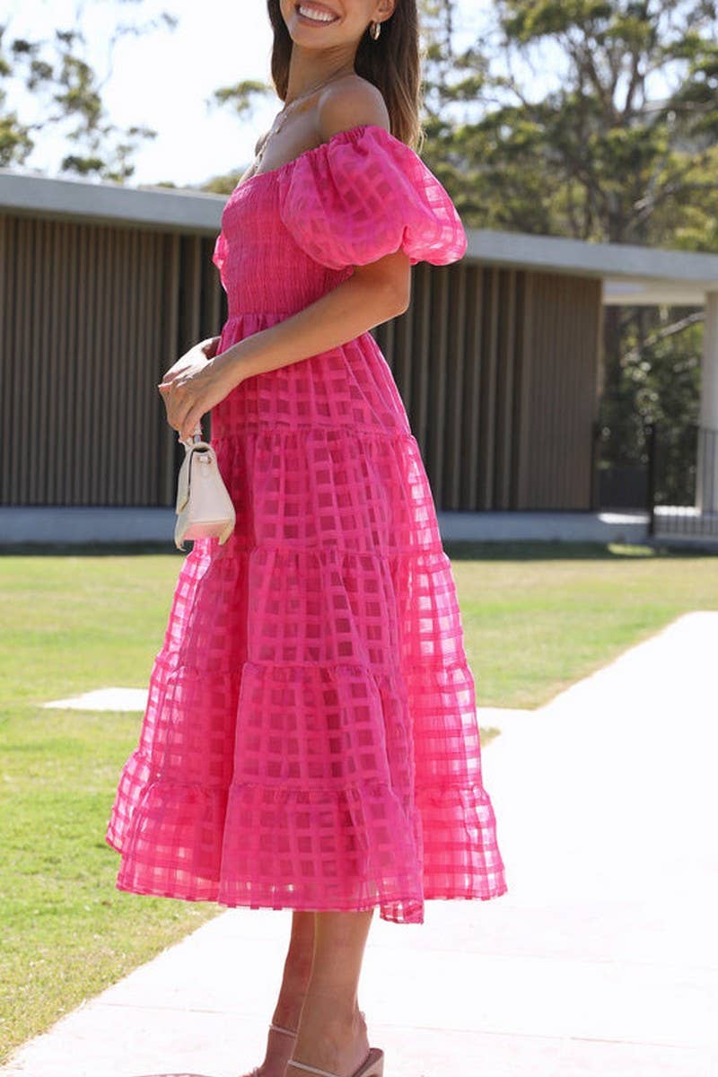 CWDMD5648_OFF SHOULDER LANTERN SLEEVE TIERED RUFFLE DRESS