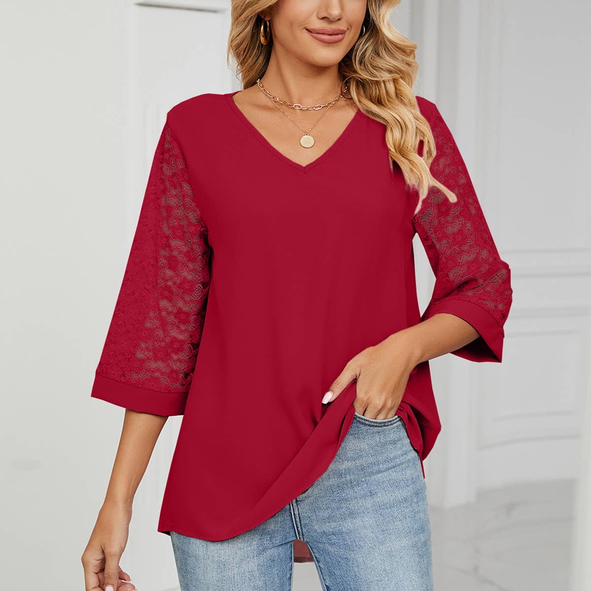 LACE HORN SLEEVE PATCHWORK CHIFFON BLOUSE