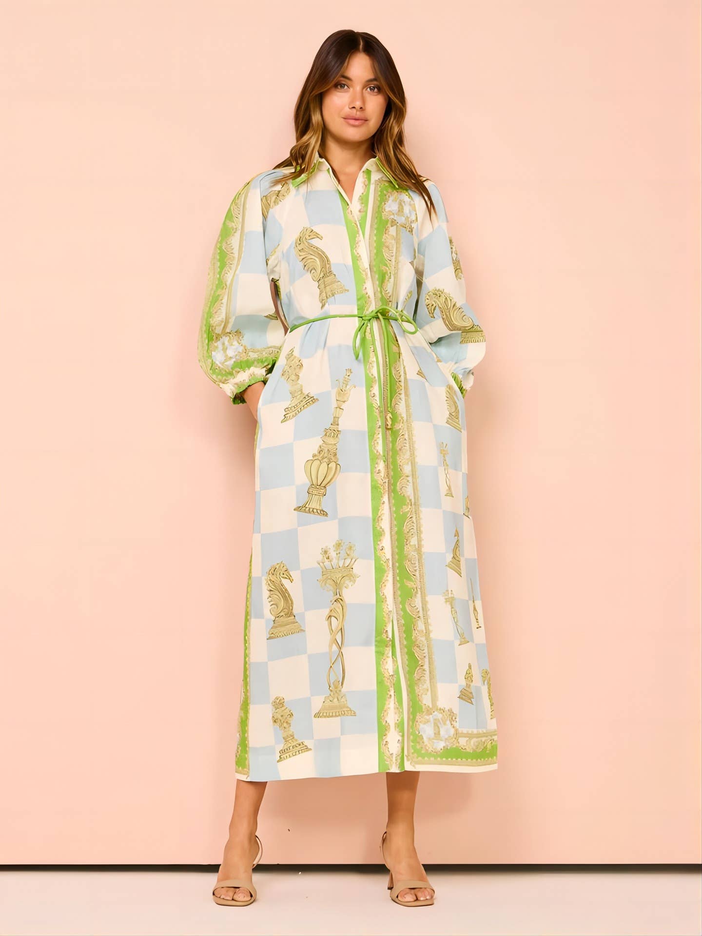 Fashion printed tie waist-cinching long dress