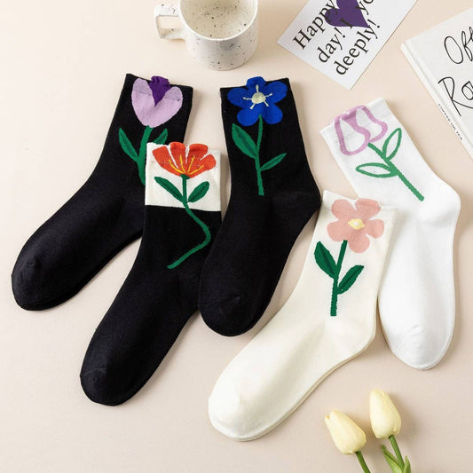 COLLEGE STYLE COTTON BREATHABLE TULIP FLOWER SOCKS
