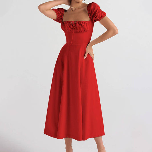Sexy square neck A-line puff sleeve slit dress