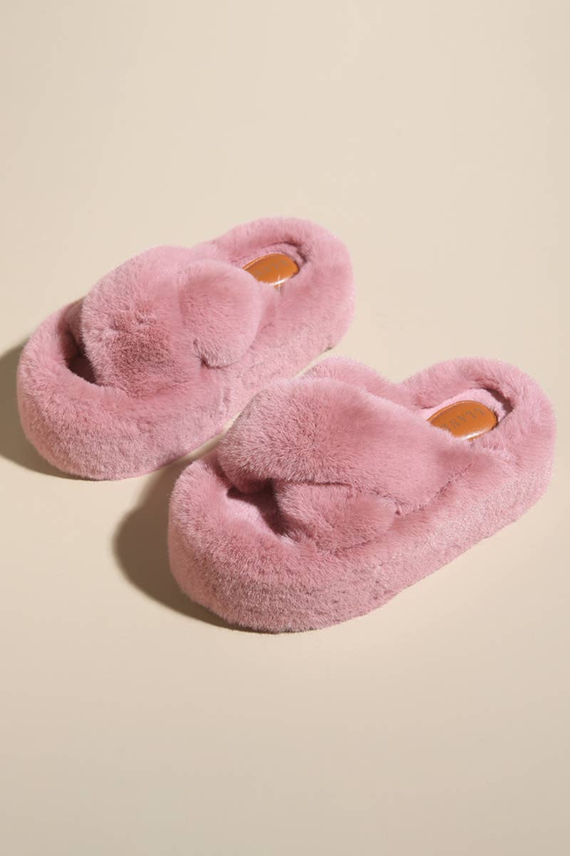THICK SOLE CROSS STRAP FLUFFY BEDROOM SLIPPERS