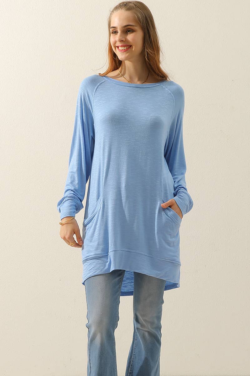 Cwttl1491_R Neck Long Sleeve Slub Long Knit Top With Pockets