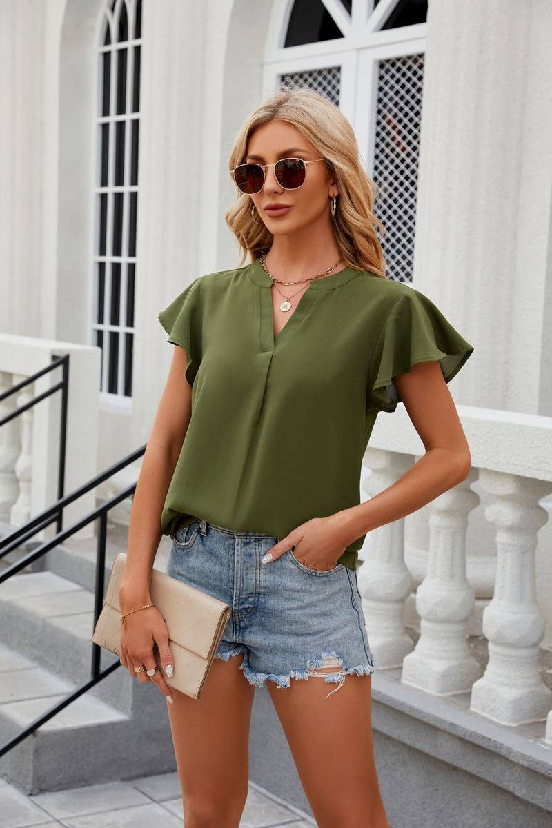 SOLID COLOR V NECK LOOSE SHORT SLEEVE CHIFFON TOP_CWTSTS0316