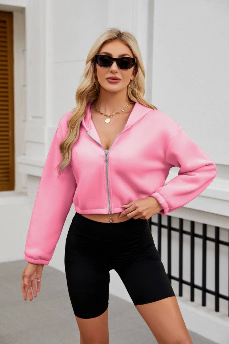 CWOCO0893_SOLID COLOR LONG SLEEVE ZIP-UP HOODIE COATS