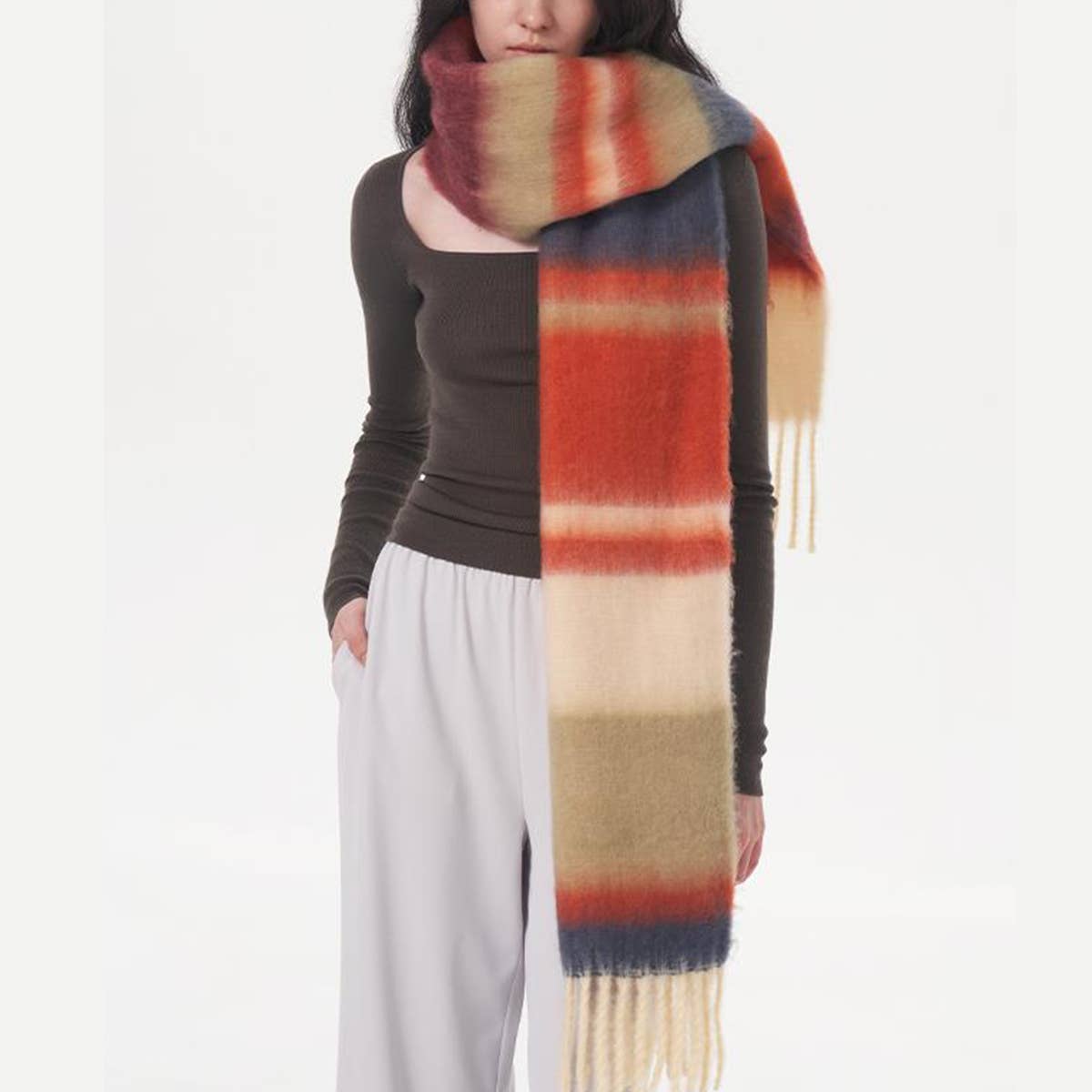 WOMEN CONTRASTING STRIPED FRINGED PLAID SCARF