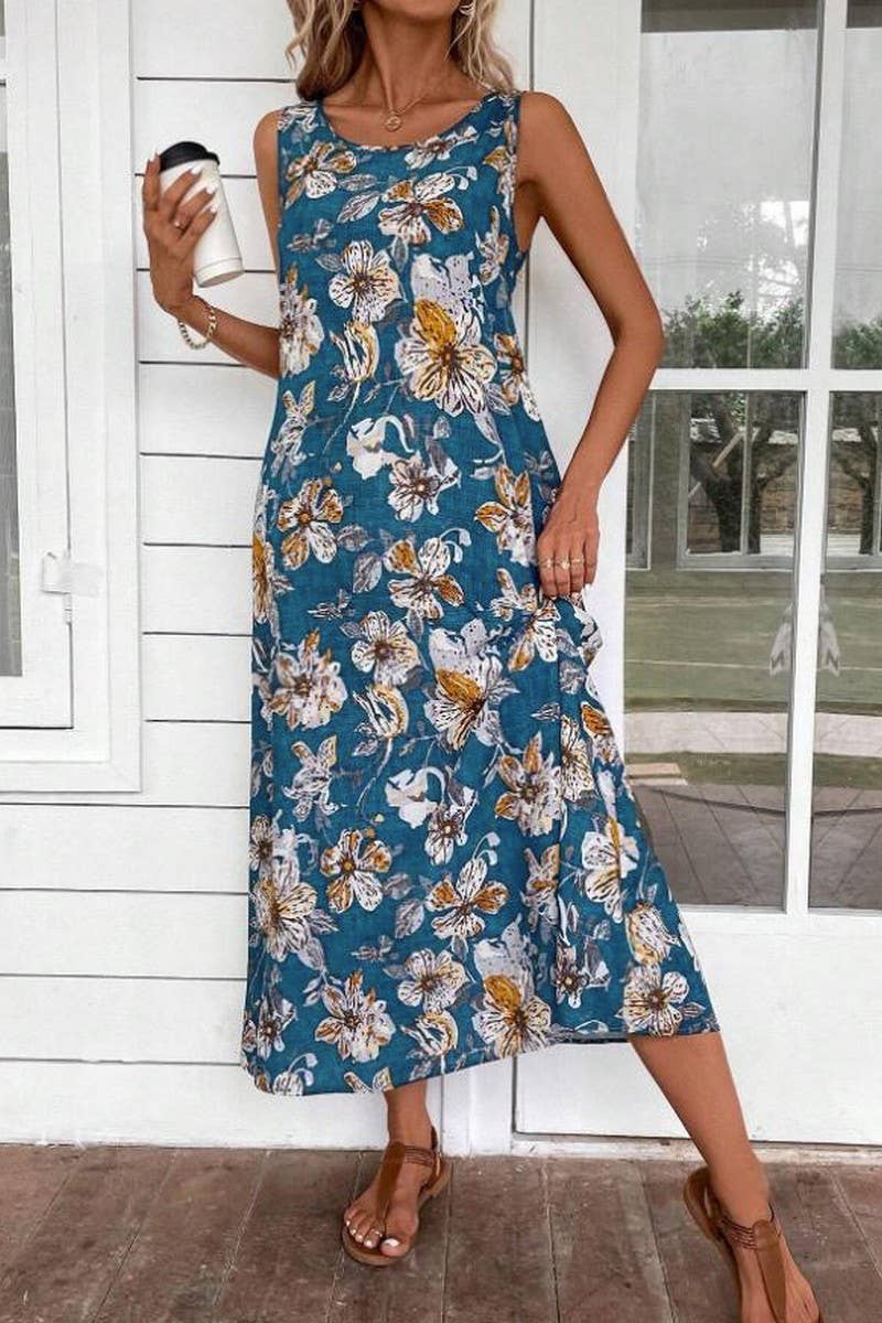 CWDMD5872_SLEEVELESS FLORAL PRINT ROUND NECK A-LINE DRESS