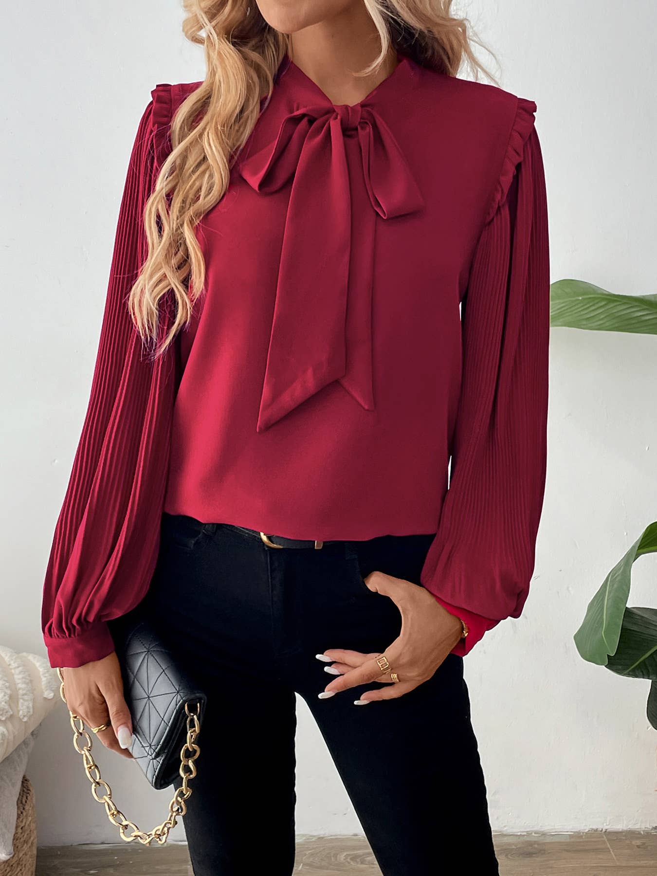SOLID COLOR TEMPERAMENT BOW COLLAR SHIRT
