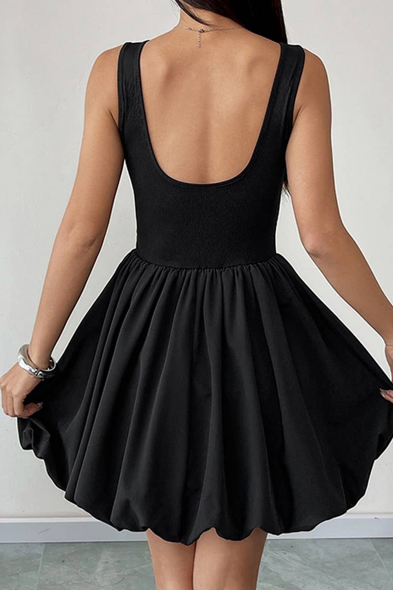 CWDSD6995_SOLID SLEEVELESS BACKLESS PLEATED TANK DRESS