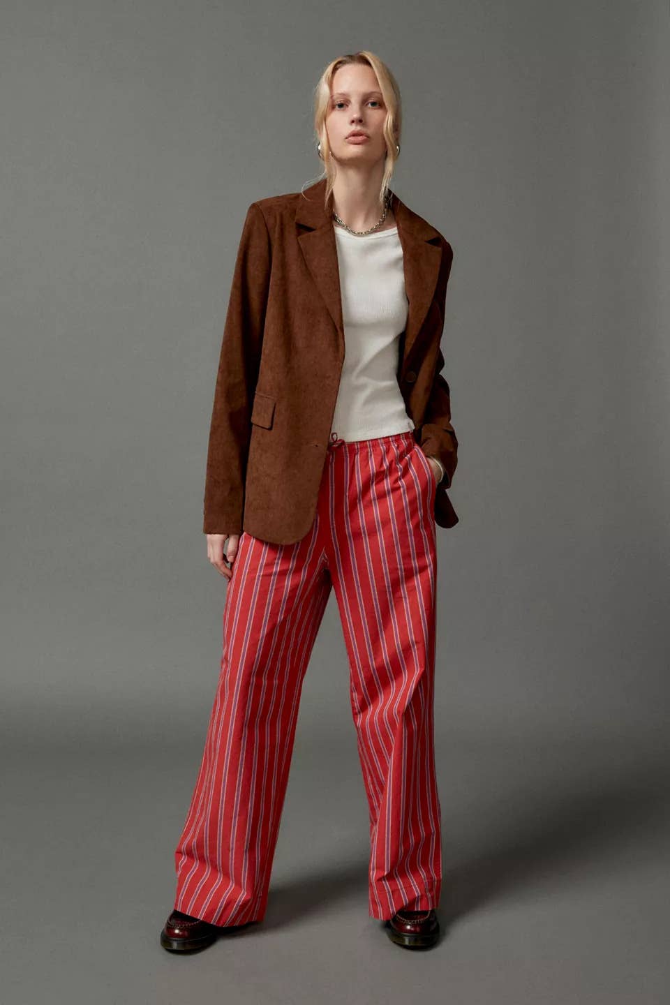 Striped street drawstring straight-leg pants